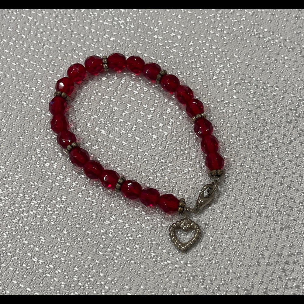 Red Beaded Necklace with Silver Heart